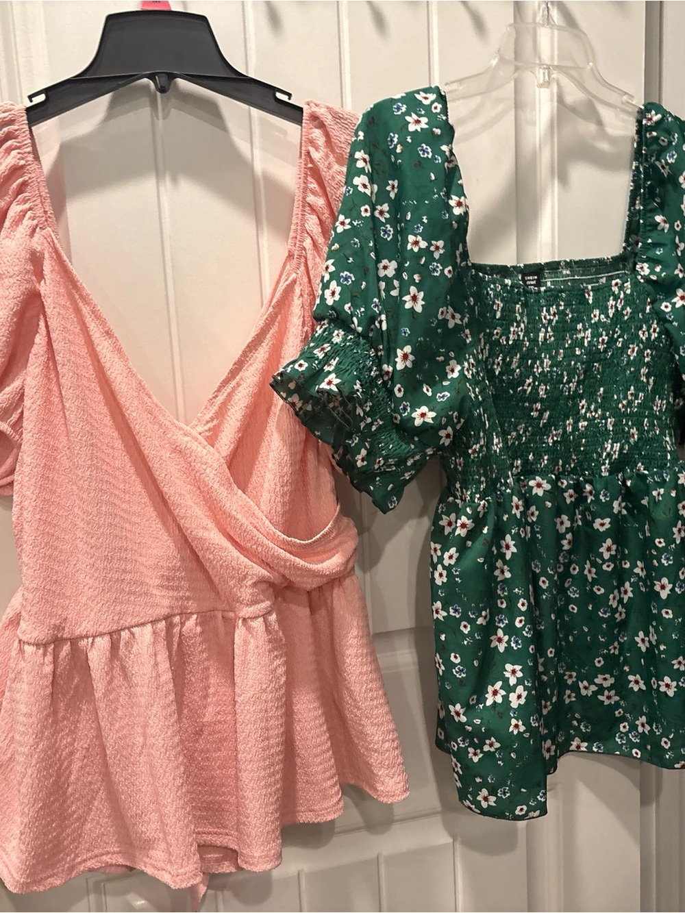 SHEIN Pink Wrap Peplum Top & Green Floral Smocked Blouse Duo